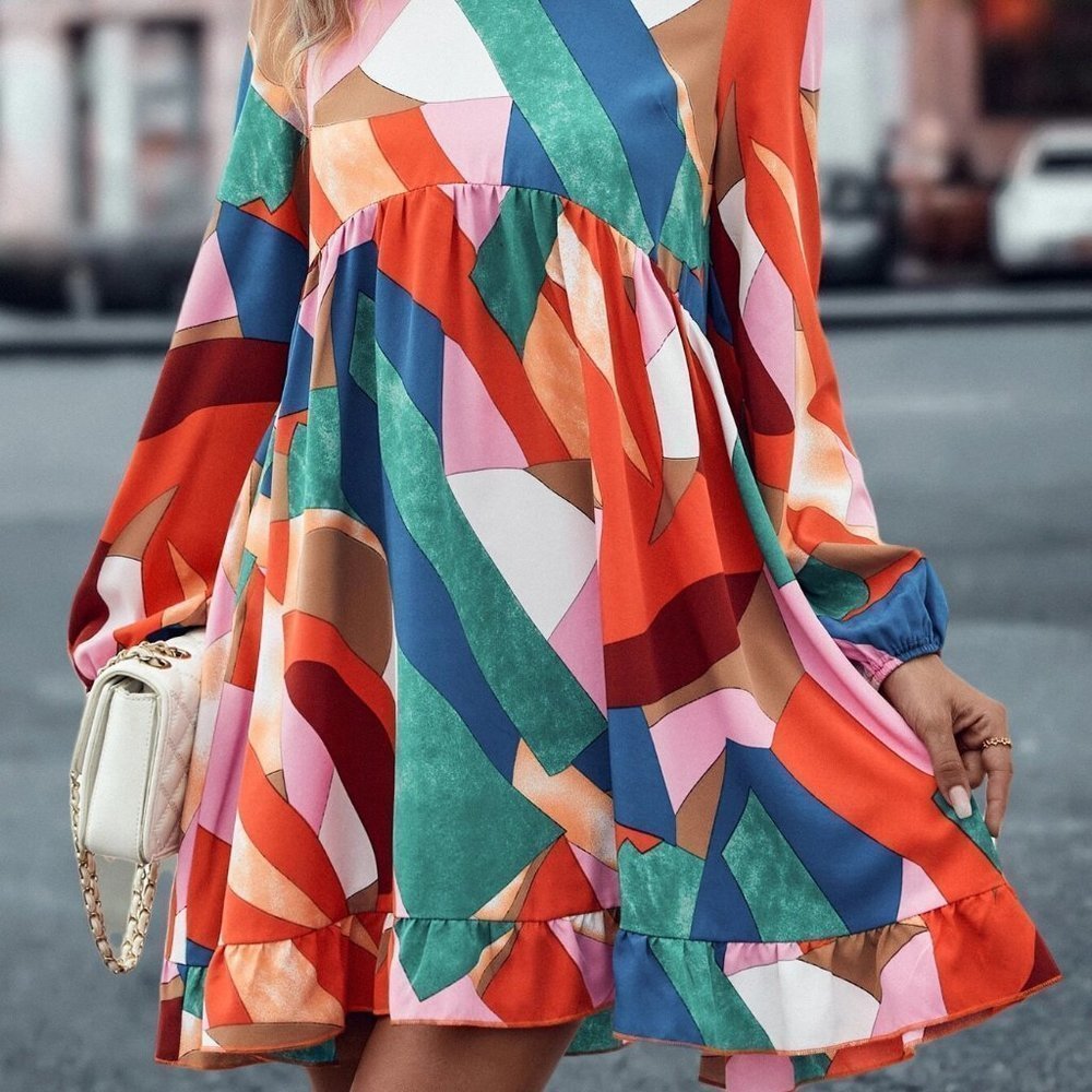 Multicolor Boho Womens Geo Print Lantern Sleeve Ruffle Hem Smock Dress - Picture 5 of 5